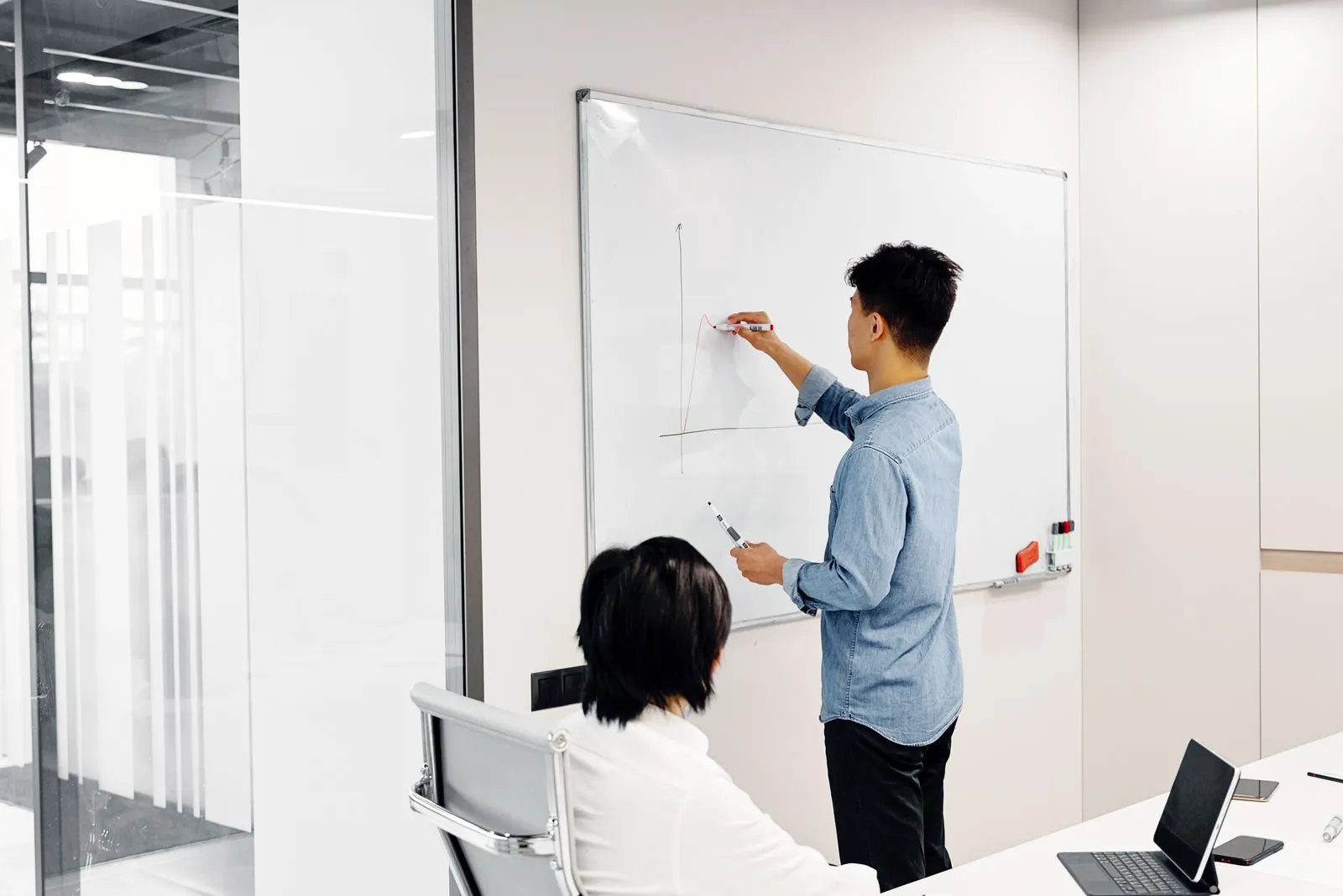 CX consultant walking through a process-audit whiteboard with a manager